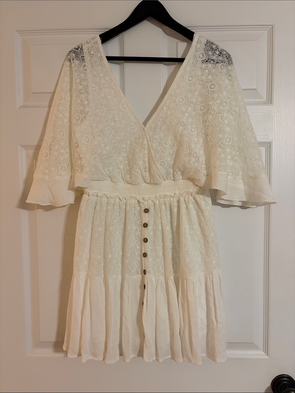 MARBLE Bohemian Cream Lace Tiered Skort Dress Smocked Waist Tie Back